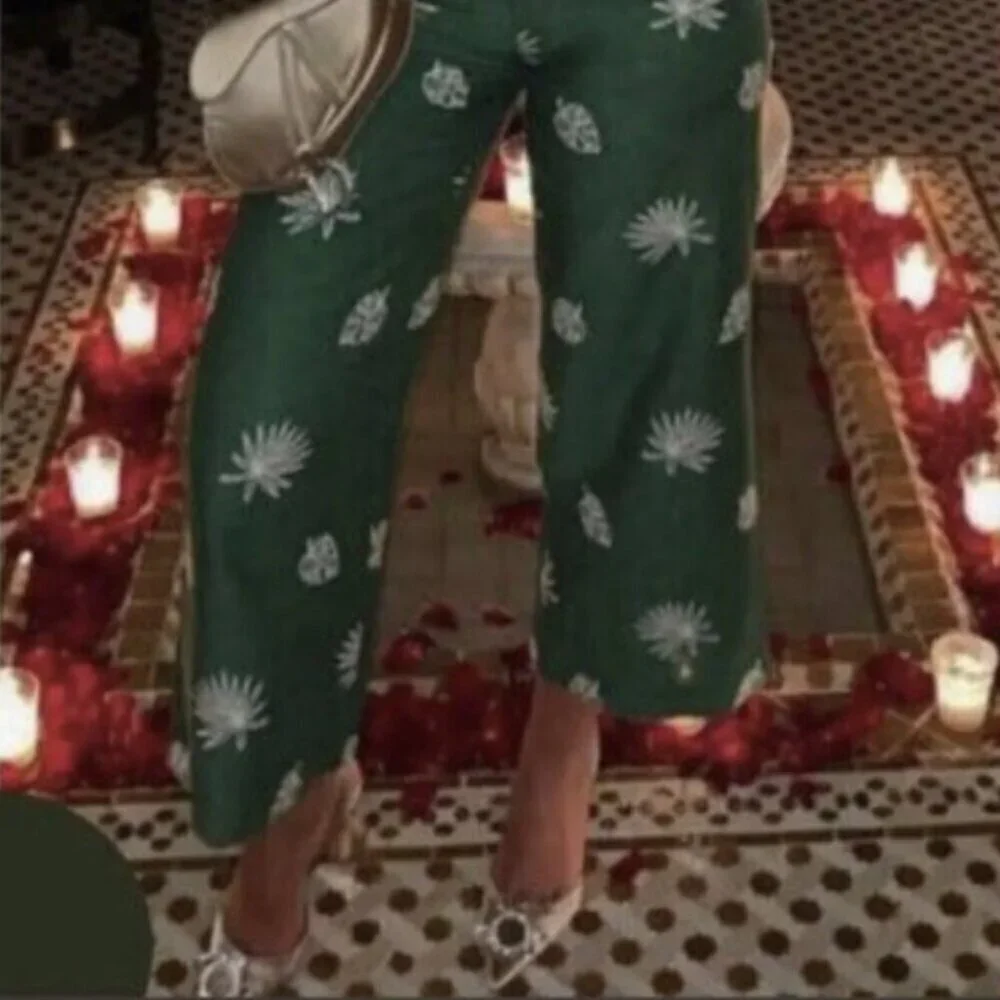 Zara Linen Khaki Wide Leg Palm Leaf Embroidered Culottes Pants Green Size Small